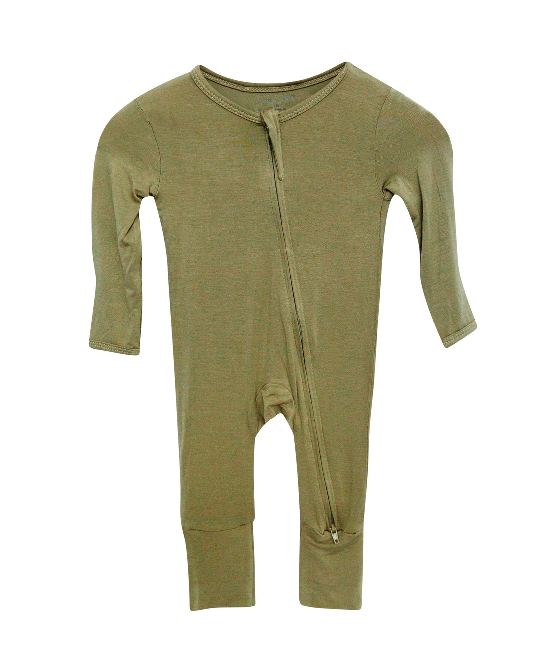 Luxe Bamboo Baby Pajamas in moss green with two-way zipper and fold-over mittens, offering breathable, moisture-wicking comfort.