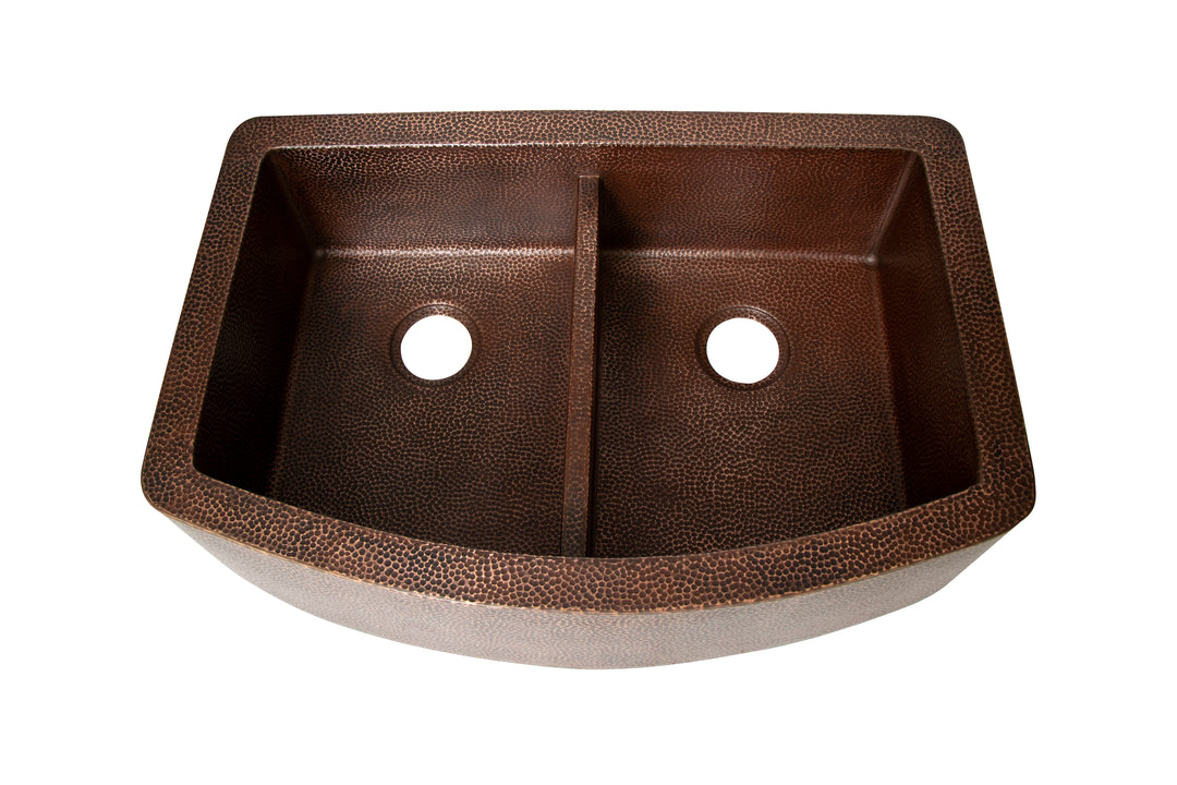 33" Farmhouse Double Well 50/50 Plain Round Apron Hammered Copper Kitchen Sink