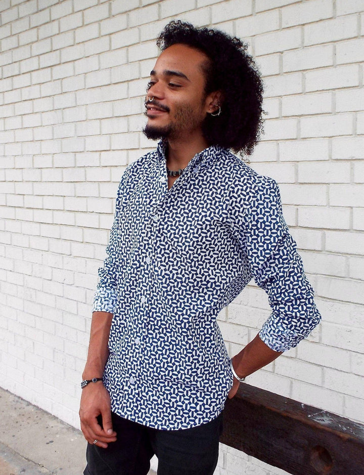 Blue and white geometric print organic cotton button down shirt with hand block printed pattern