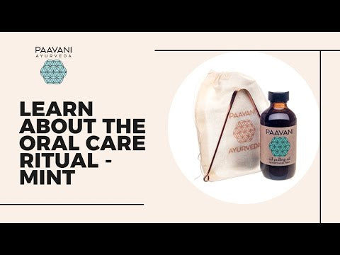 Ayurvedic oral care products including oil pulling mint bottle and tongue cleaning bag for digestive wellness.