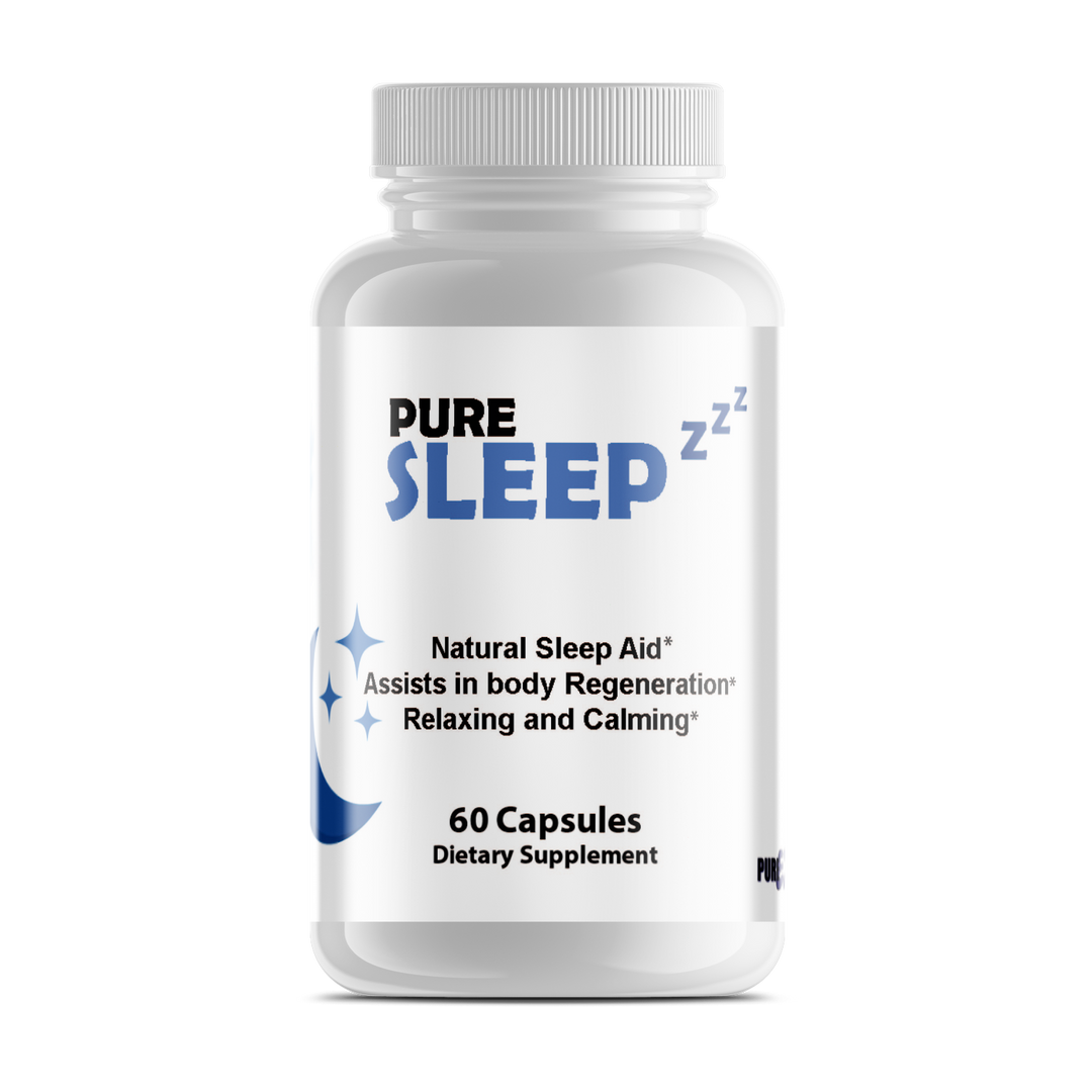 Pure Sleep natural sleep aid bottle for health, fitness, and relaxation, 60 capsules for wellness and regeneration.