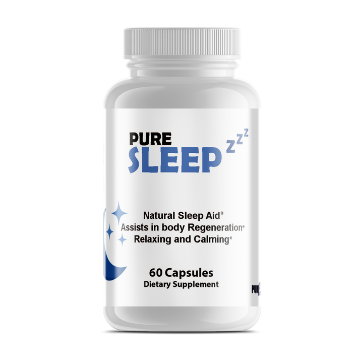 Pure Sleep natural sleep aid bottle for health, fitness, and relaxation, 60 capsules for wellness and regeneration.