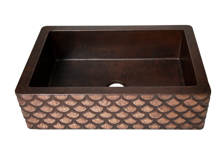 33" Farmhouse Single Well Squama Design Straight Apron Hammered Copper Kitchen Sink