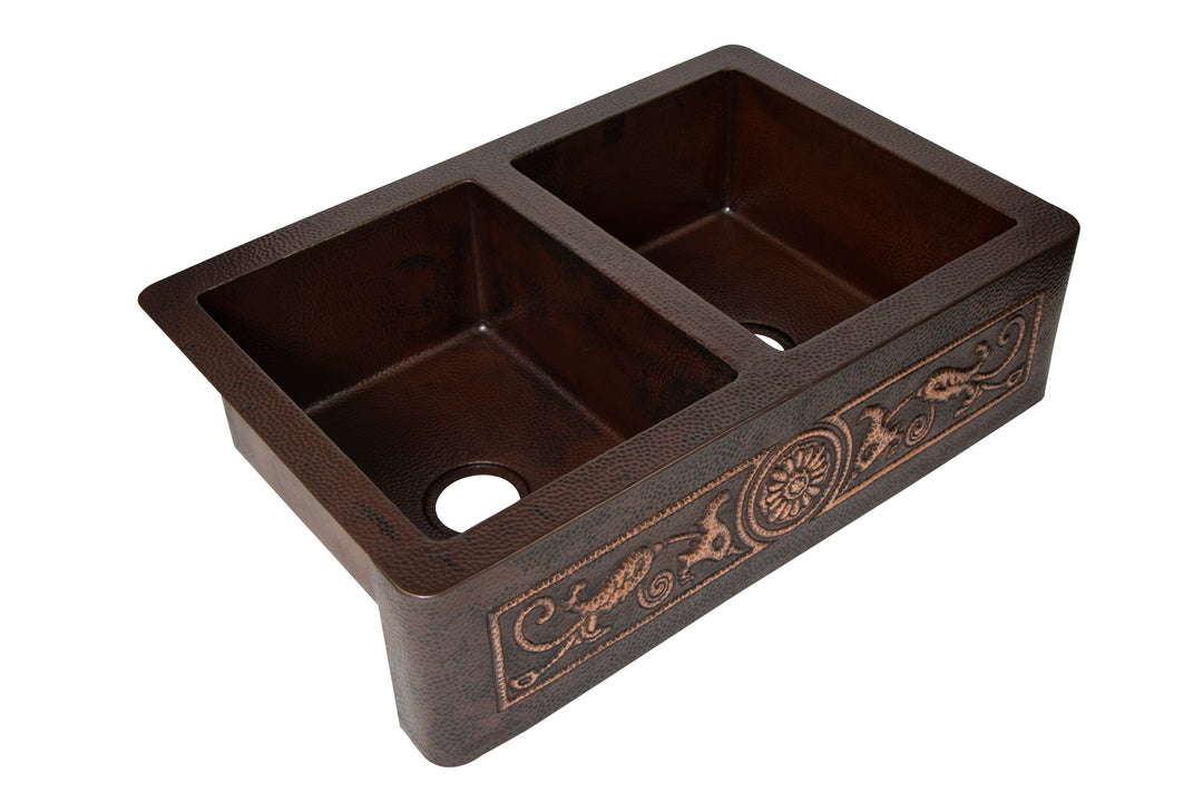 33" Farmhouse Double Well 50/50 Flowers Design Straight Apron Hammered Copper Kitchen Sink