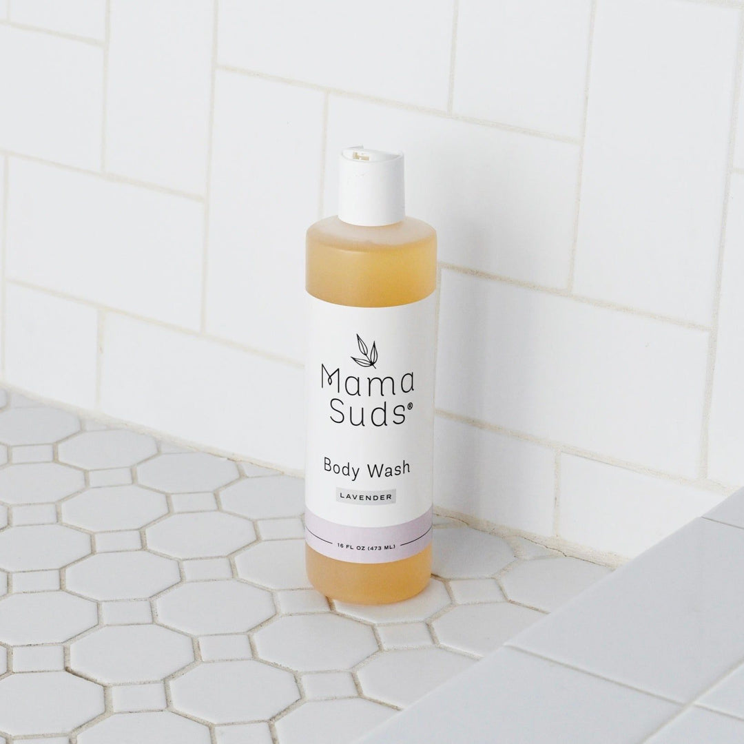 Plant Based Body Wash with Lavender Essential Oils on a White Tiled Surface