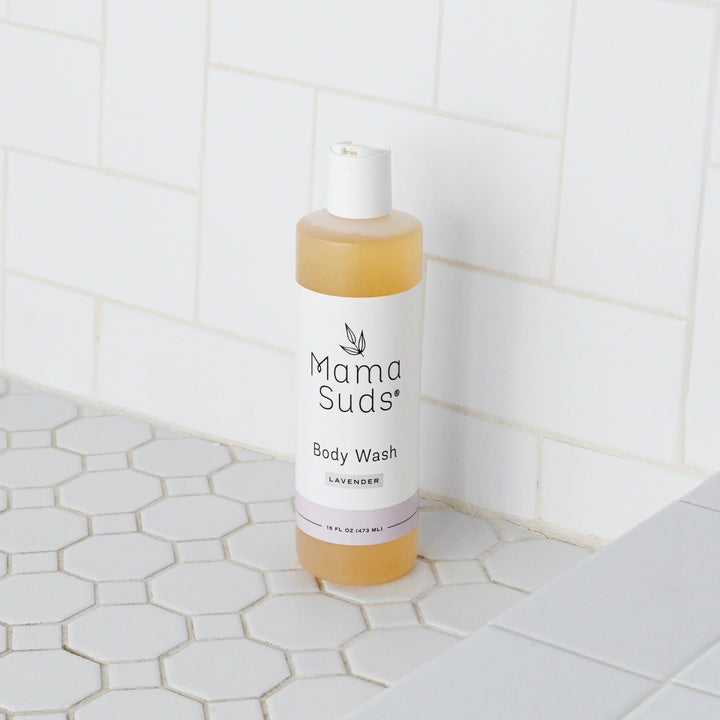 Plant Based Body Wash with Lavender Essential Oils on a White Tiled Surface