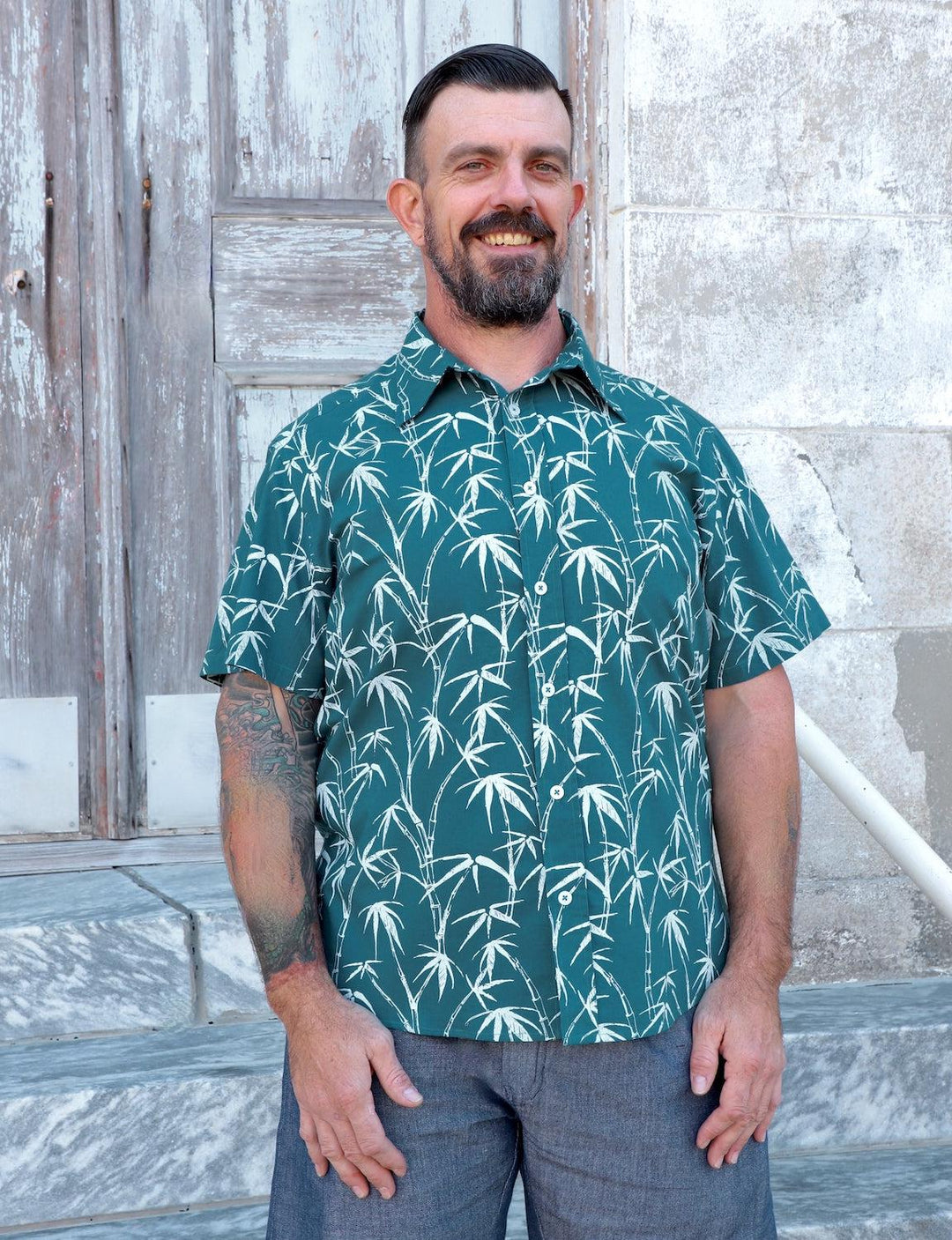 Organic cotton tropical print button down shirt with island-inspired design handmade by fair trade artisans