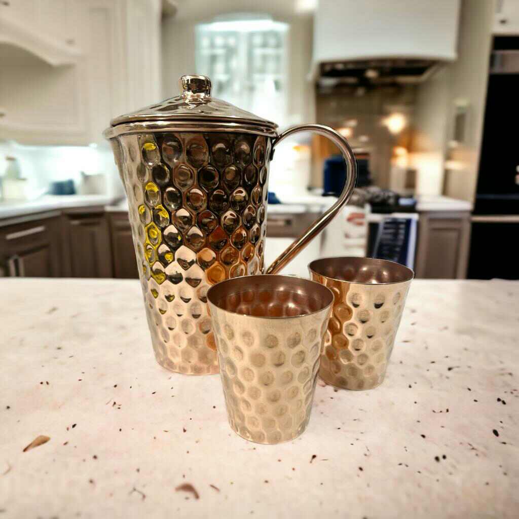 Set of One Copper Pitcher with Top and Two Tumblers - Deep Hammering and Shiny Finish