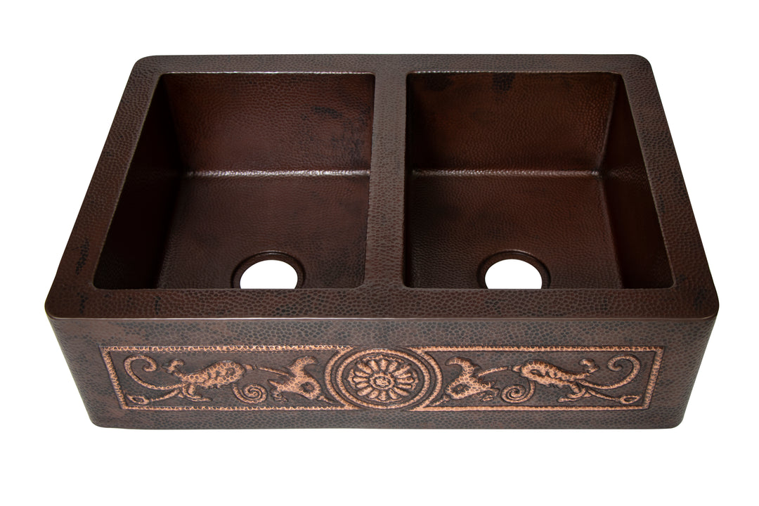 33" Farmhouse Double Well 50/50 Flowers Design Straight Apron Hammered Copper Kitchen Sink