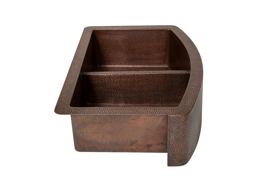 33" Farmhouse Double Well 50/50 Plain Round Apron Hammered Copper Kitchen Sink