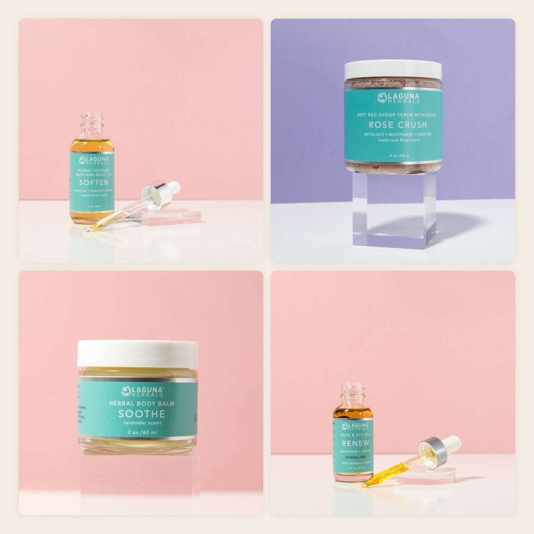 The Jasmine Rose Body Set by Laguna Herbals: jasmine rose body oil, rose body scrub, body balm and face oil