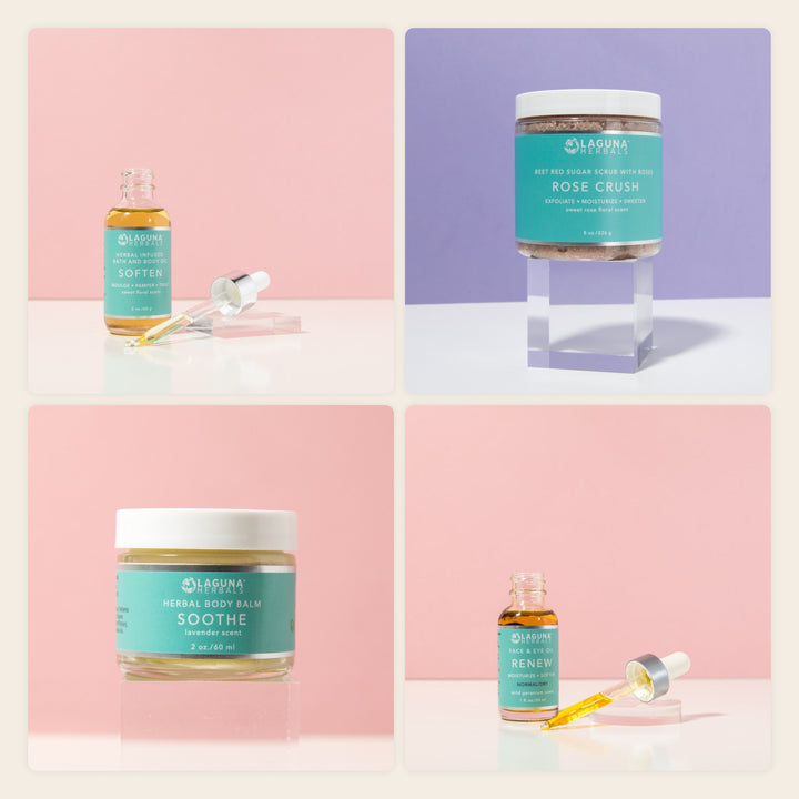 The Jasmine Rose Body Set by Laguna Herbals: jasmine rose body oil, rose body scrub, body balm and face oil