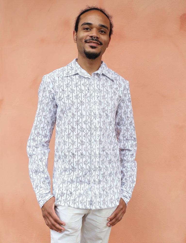 Black and white patterned organic cotton button down shirt with handwoven ikat design and slim fit tailoring