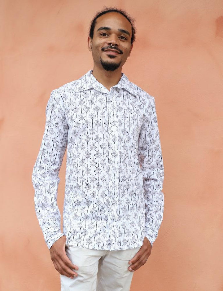 Black and white patterned organic cotton button down shirt with handwoven ikat design and slim fit tailoring
