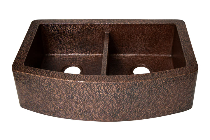 33" Farmhouse Double Well 50/50 Plain Round Apron Hammered Copper Kitchen Sink