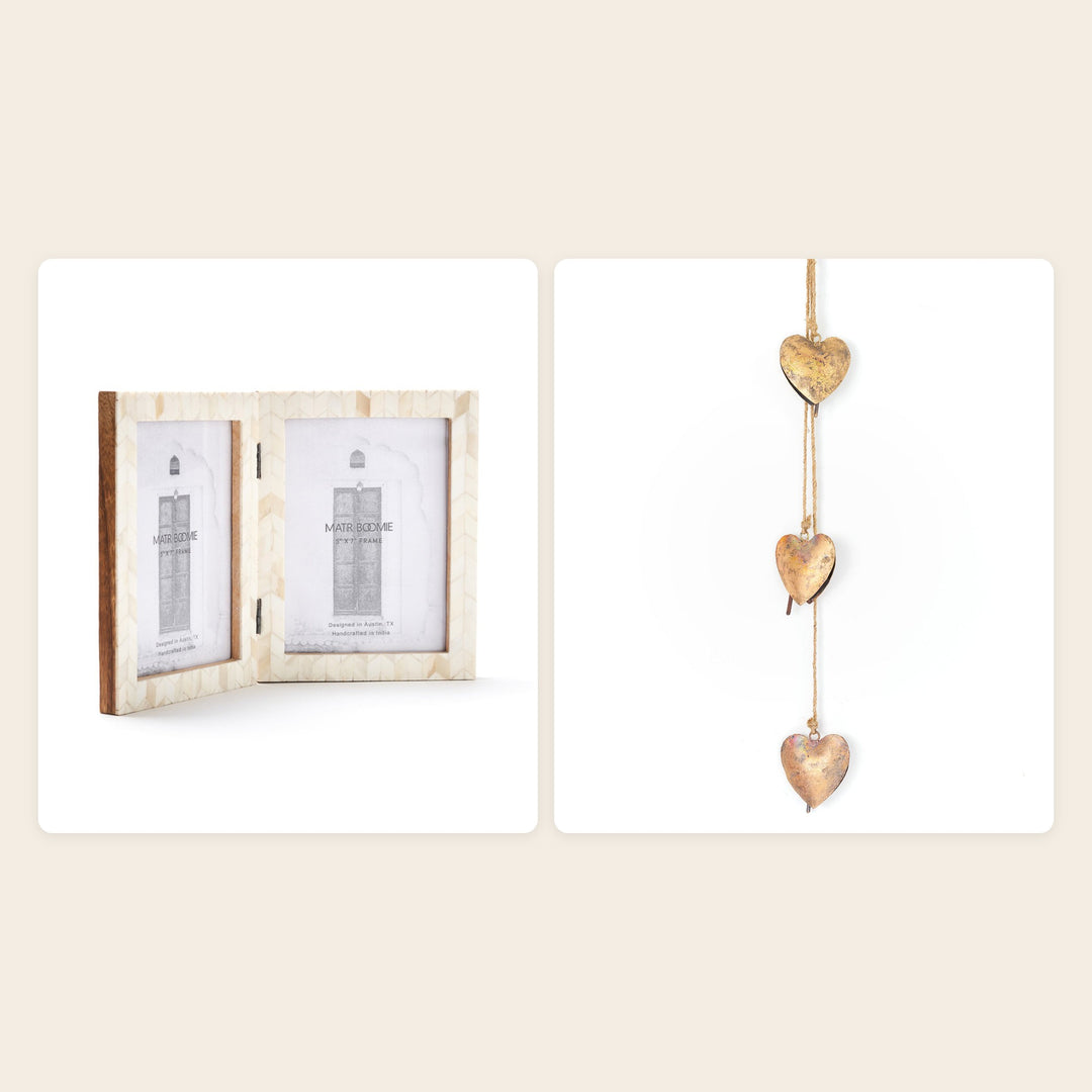 The Keepsake Set by Matr Boomie: Artemis bone mosaic double picture frame and Alaya heart trio wind chime