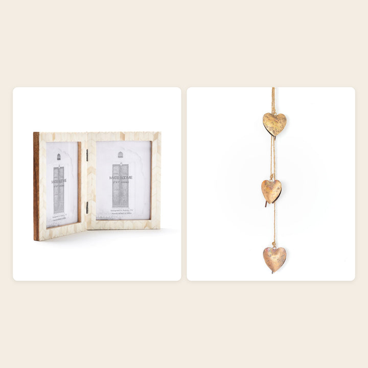 The Keepsake Set by Matr Boomie: Artemis bone mosaic double picture frame and Alaya heart trio wind chime