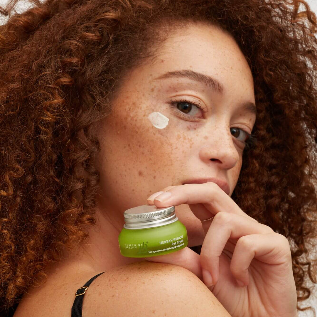 Hemp and mushroom peptide eye cream jar with rich concentrated formula for delicate eye area care