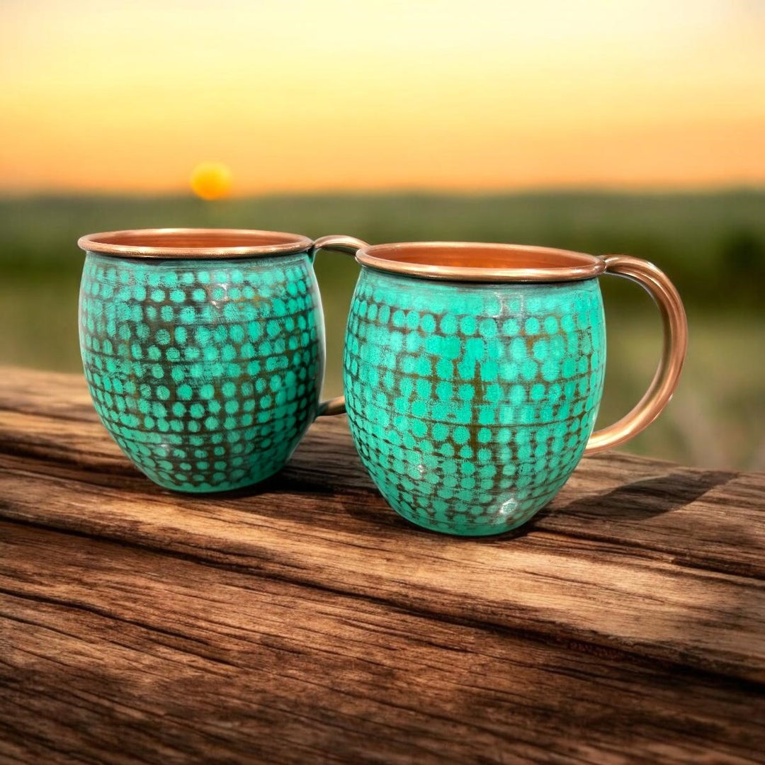 Set of Two Copper Barrel Mugs - Hammered and Mint Patina