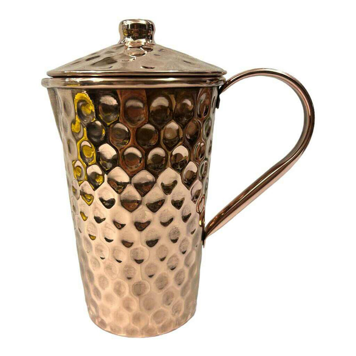 Set of One Copper Pitcher with Top and Two Tumblers - Deep Hammering and Shiny Finish