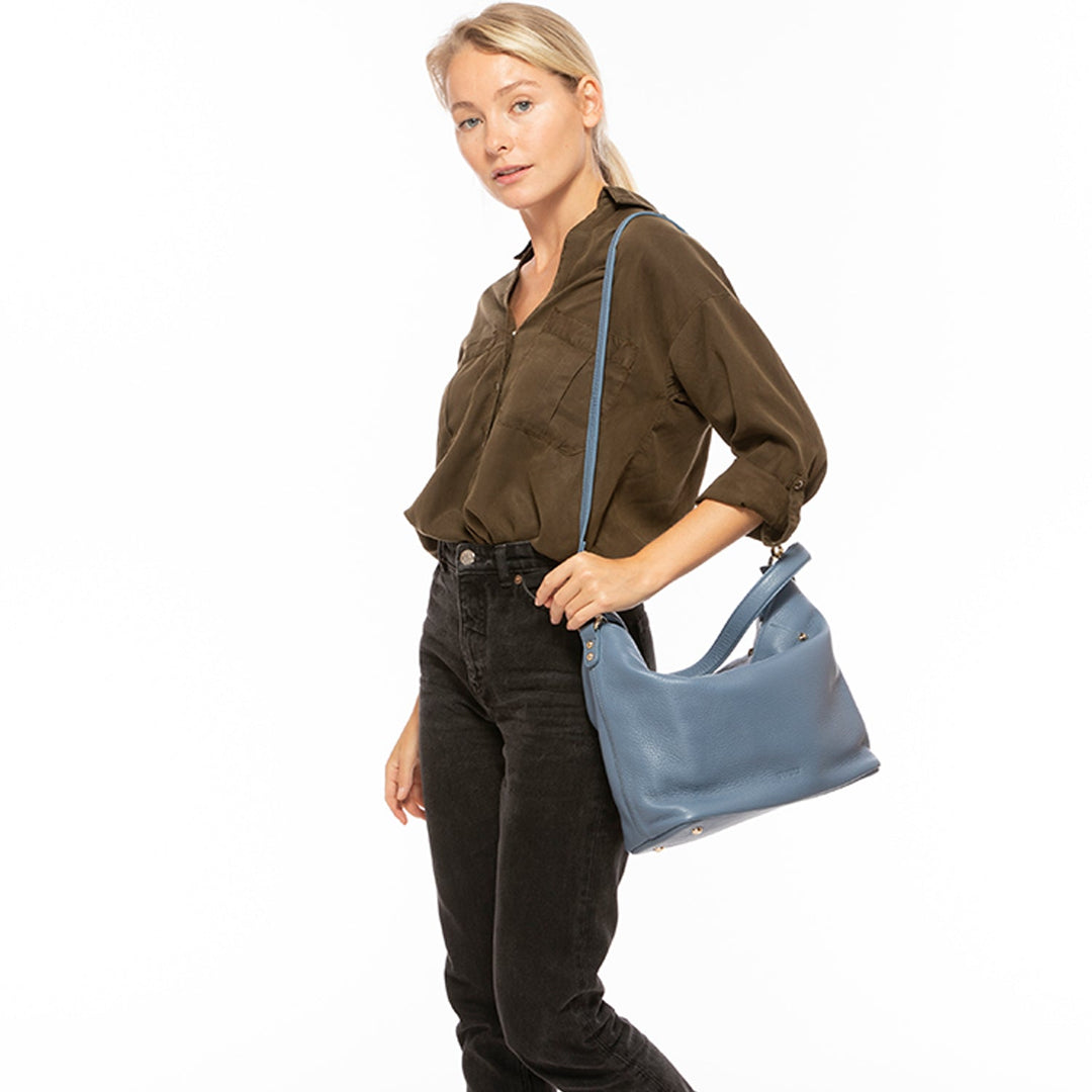 Lauren Faded Denim Leather Hobo Bag - Blue