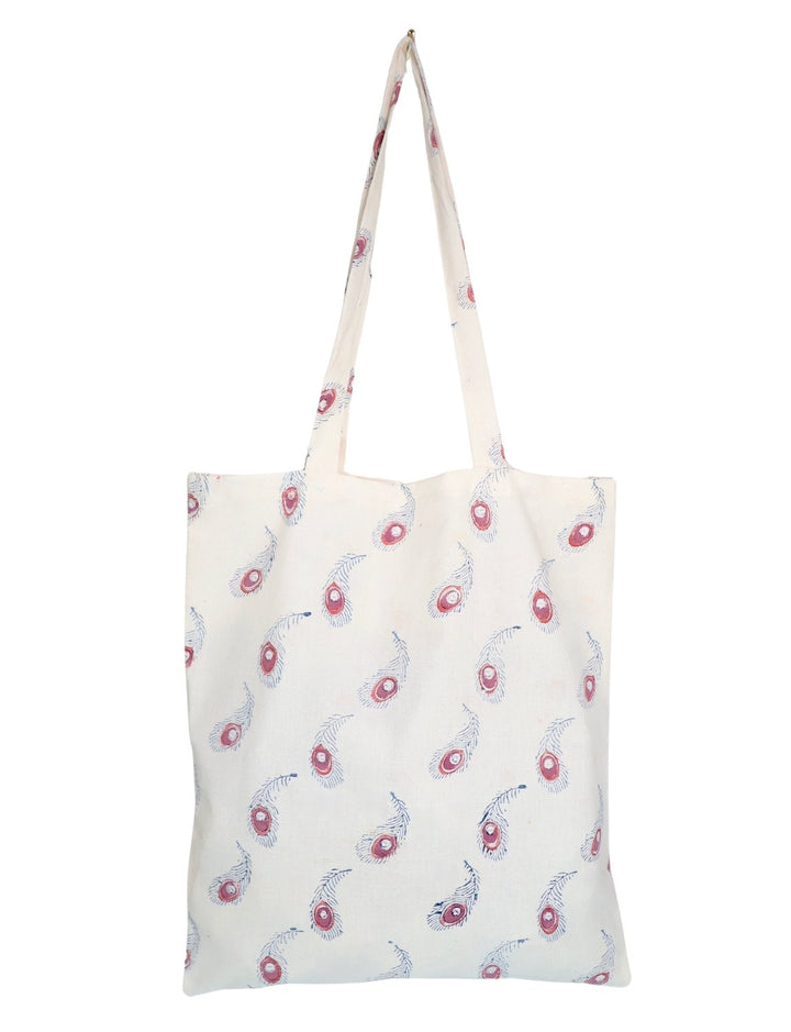 Hand block printed cotton tote bag with feather design and long handles for grocery shopping