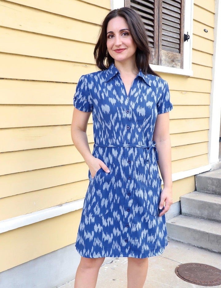 Royal blue organic cotton button dress with collar, tie waist, and gathered sleeves for nursing mothers