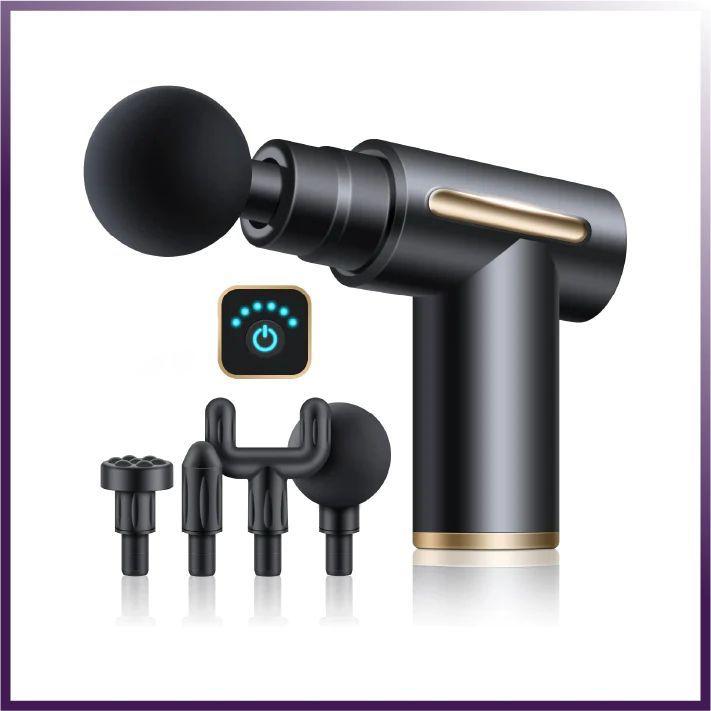 Gray cordless percussion massage gun with four interchangeable heads for deep tissue muscle therapy
