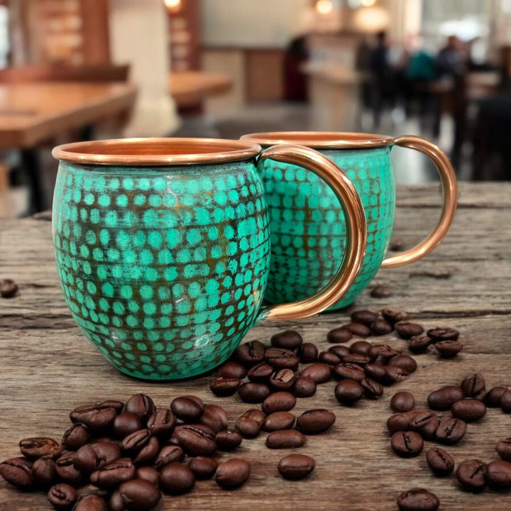 Set of Two Copper Barrel Mugs - Hammered and Mint Patina