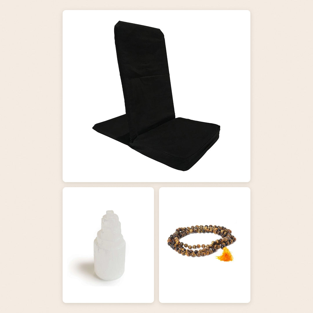 The Meditation Corner Set by OMSutra: folding meditation chair in black, selenite tower and tiger eye mala