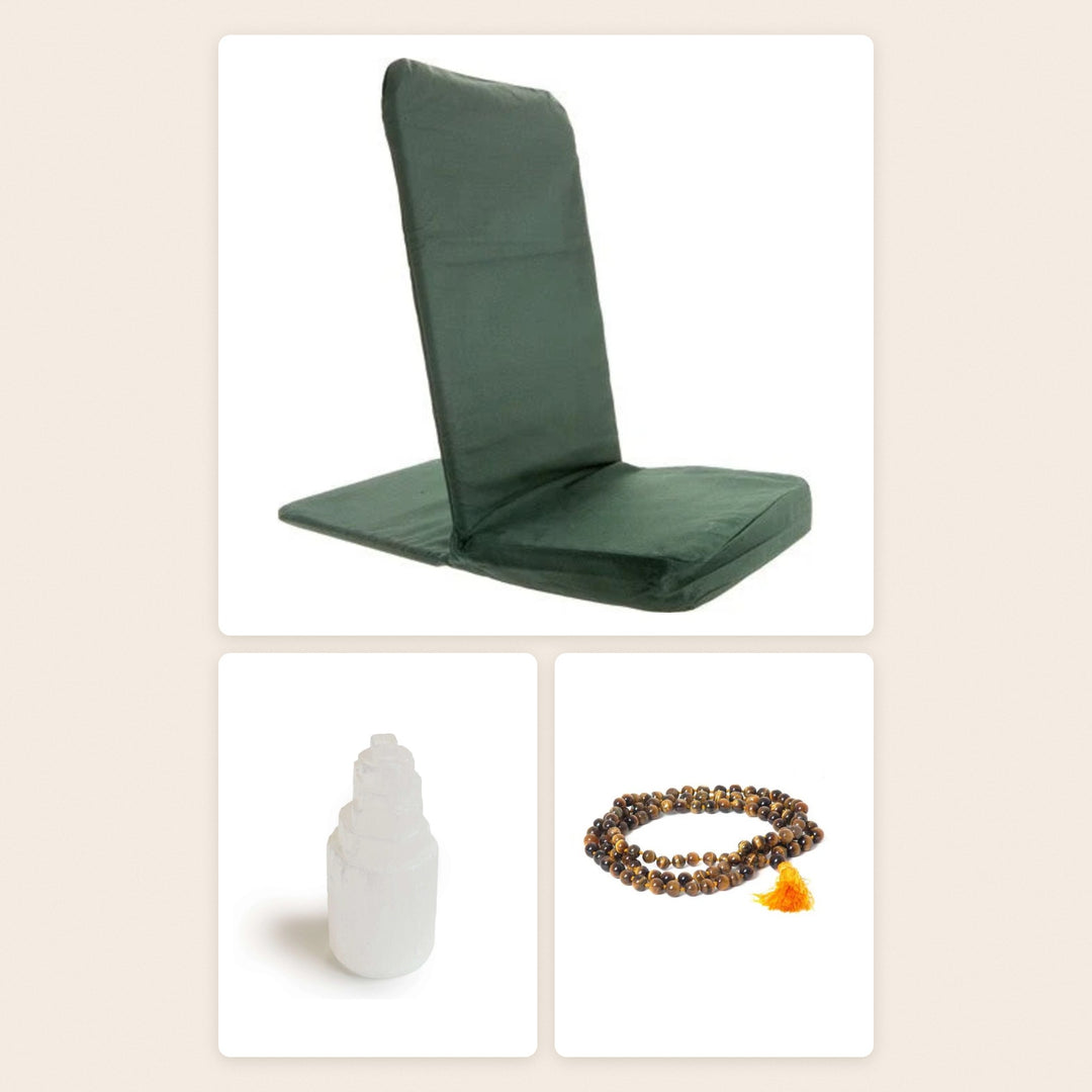 The Meditation Corner Set by OMSutra: folding meditation chair in forest green, selenite tower and tiger eye mala