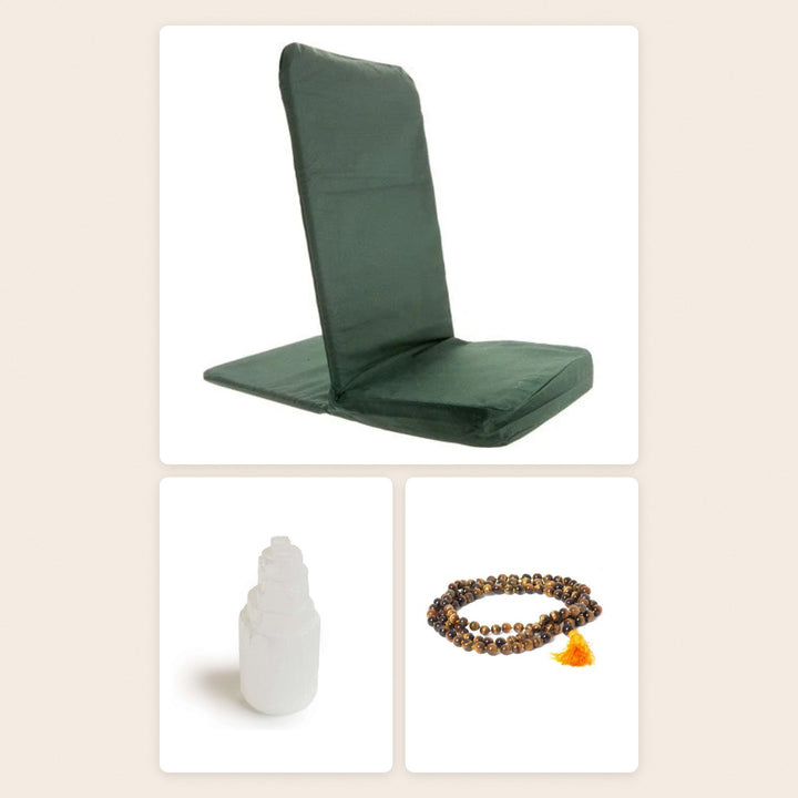 The Meditation Corner Set by OMSutra: folding meditation chair in forest green, selenite tower and tiger eye mala