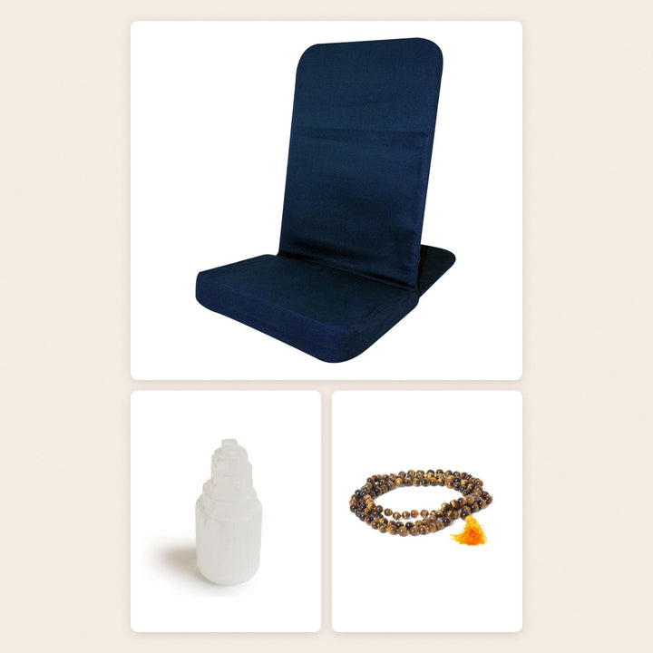 The Meditation Corner Set by OMSutra: folding meditation chair in navy, selenite tower and tiger eye mala