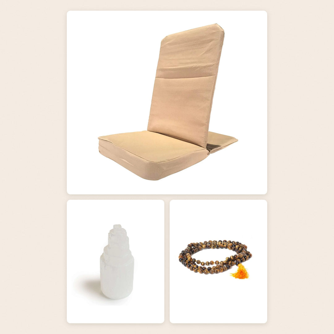 The Meditation Corner Set by OMSutra: folding meditation chair in sand, selenite tower and tiger eye mala
