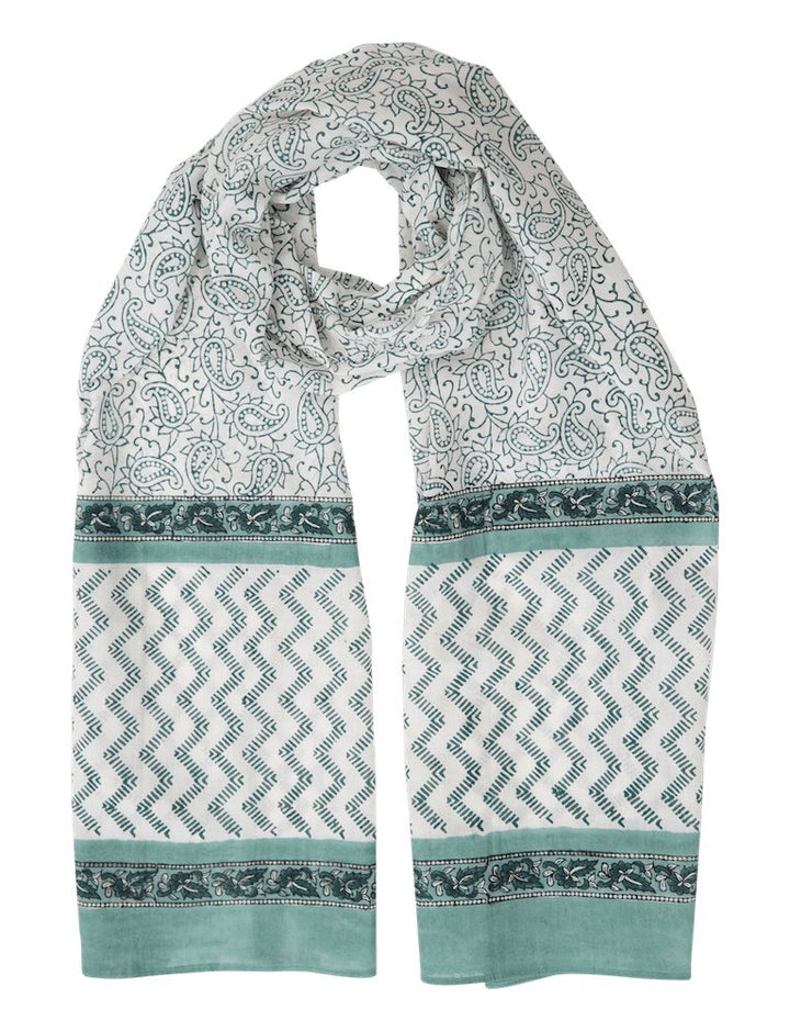 Mint green paisley cotton scarf with chevron stripe border hand block printed with azo-free dyes
