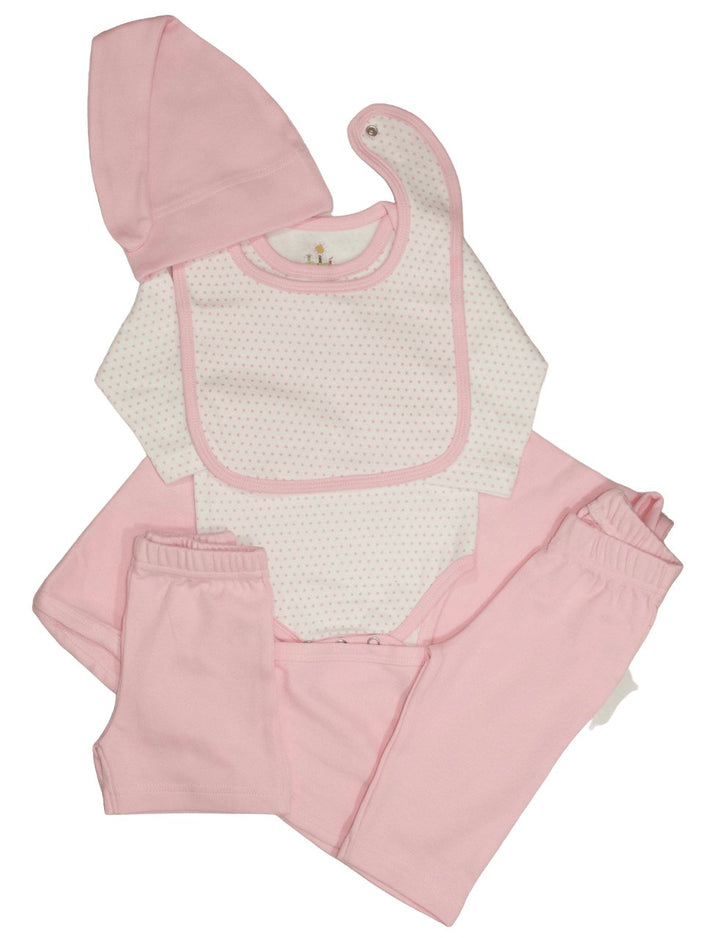 Pink organic cotton newborn baby clothes bundle with bodysuit, hat, pants, bibs and swaddle blanket laid flat