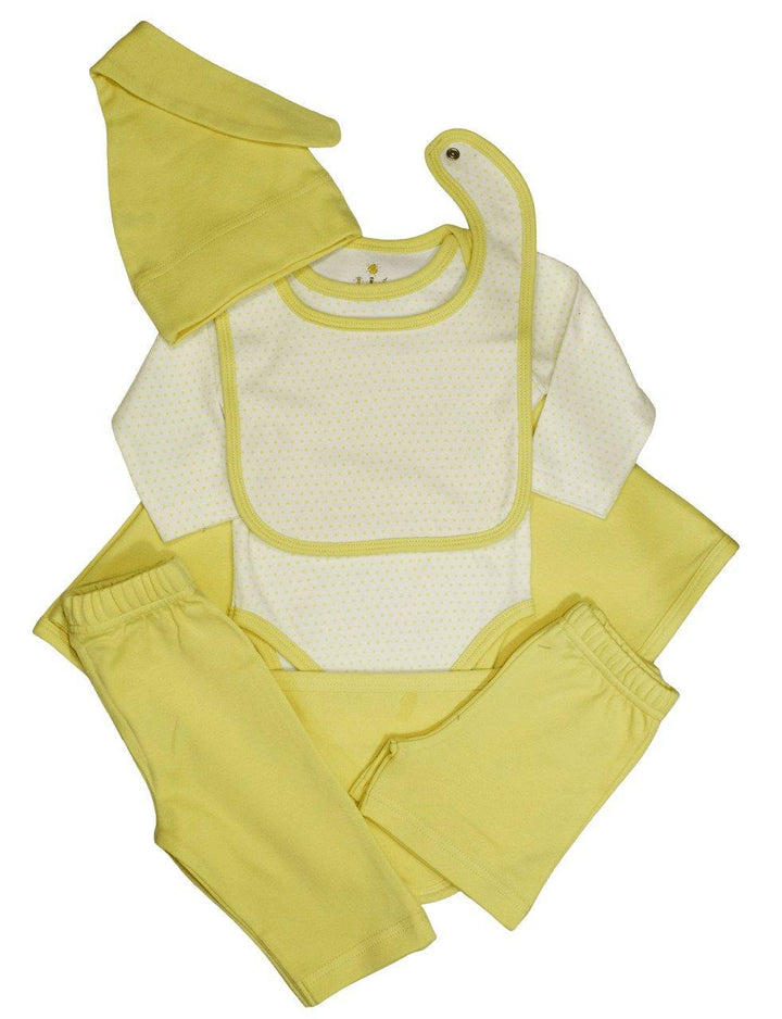 Organic cotton newborn baby bundle set with yellow bodysuit, hat, pants, bibs and swaddle blanket handmade in India