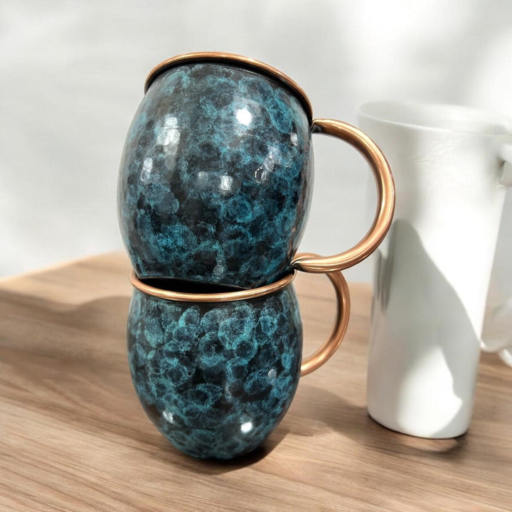 Set of Two Copper Barrel Mugs - Hammered and Stained Blue Patina