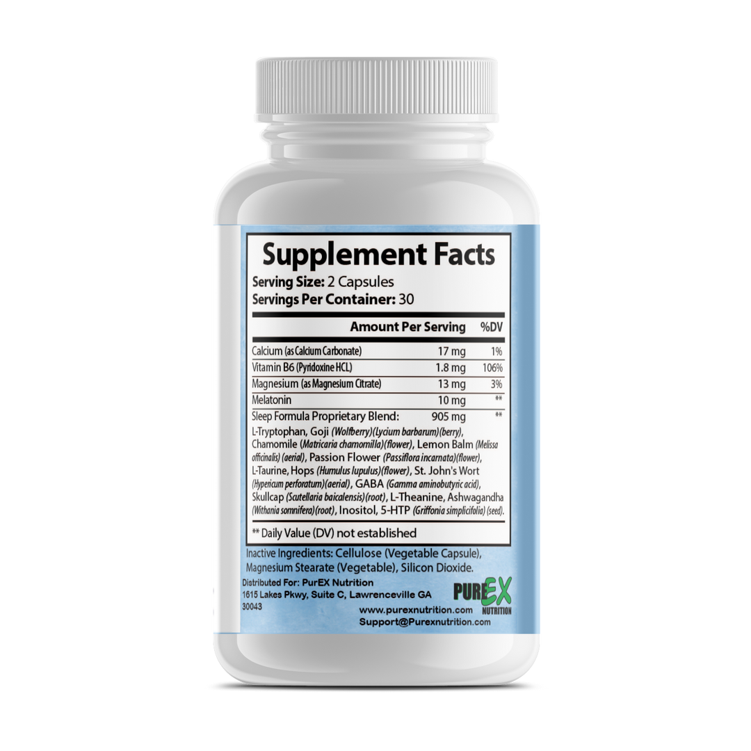 Pure Sleep Natural Sleep Aid supplement facts label on a white bottle showing ingredients and serving size details.