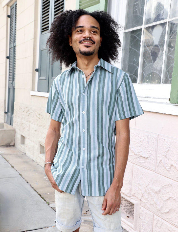 Organic cotton mens button down shirt with blue green ocean stripes handwoven ikat fabric fair trade
