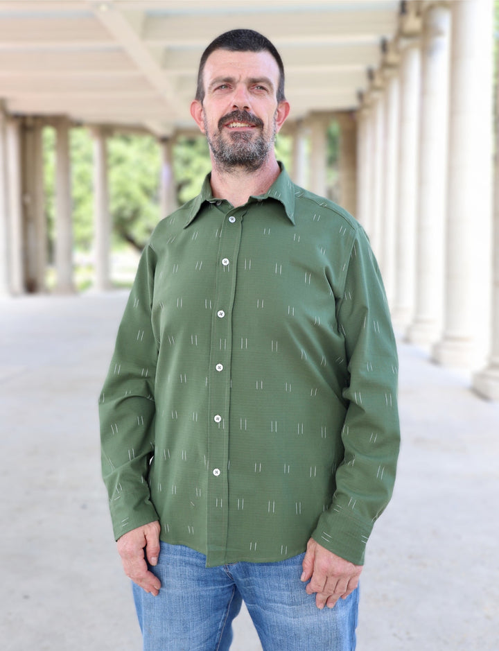 Olive green organic cotton button down shirt with handwoven ikat pattern for men