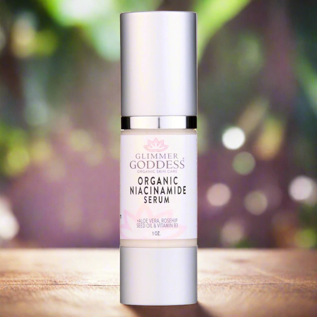 Organic Niacinamide Anti Aging Serum bottle with Aloe Vera, Rosehip Seed Oil, Vitamin B3, and natural ingredients for glowing skin.