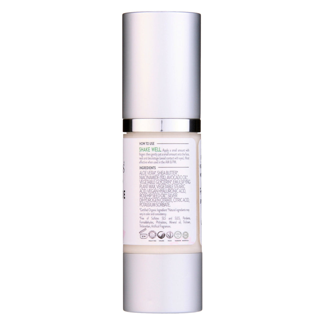 Bottle of Organic Niacinamide Anti Aging Serum with 5% Niacinamide, Rosehip Seed Oil, Shea Butter, and Avocado Oil for glowing skin.