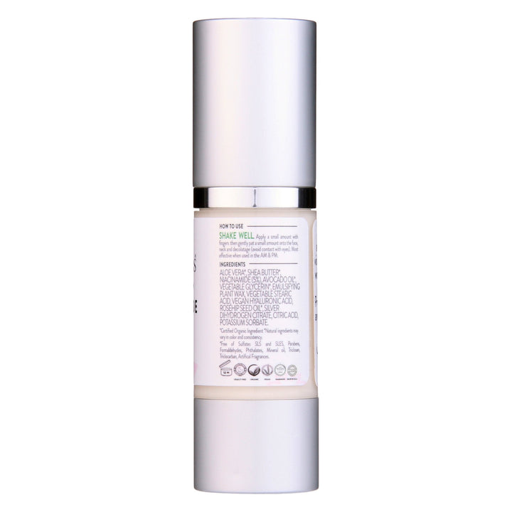 Bottle of Organic Niacinamide Anti Aging Serum with 5% Niacinamide, Rosehip Seed Oil, Shea Butter, and Avocado Oil for glowing skin.