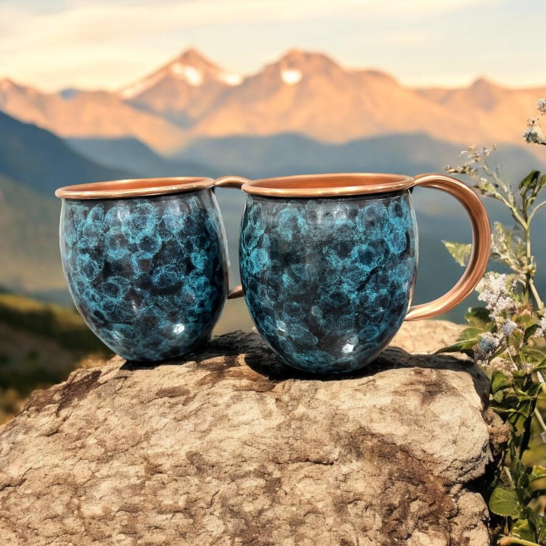Set of Two Copper Barrel Mugs - Hammered and Stained Blue Patina