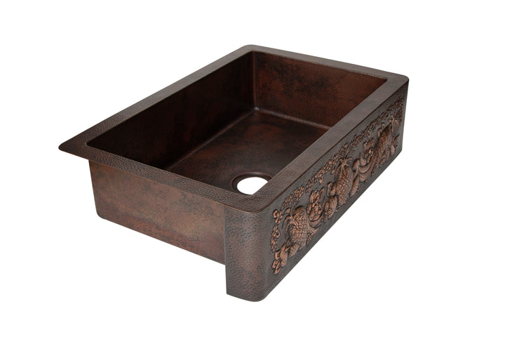 33" Farmhouse Single Well Fruits Design Straight Apron Hammered Copper Kitchen Sink