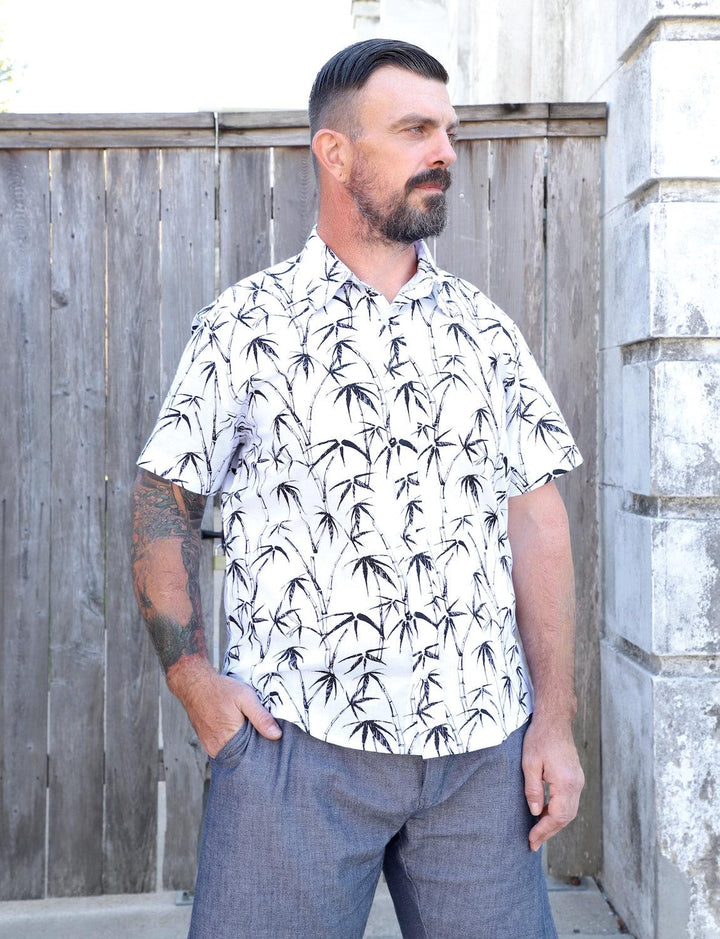 Organic cotton palm print button down shirt with hand screen printed tropical design for men