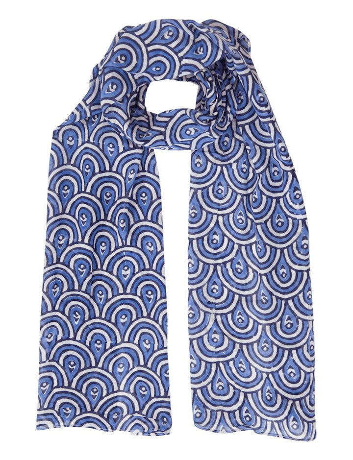 Lightweight peacock blue cotton scarf with traditional hand block print pattern in blue and white