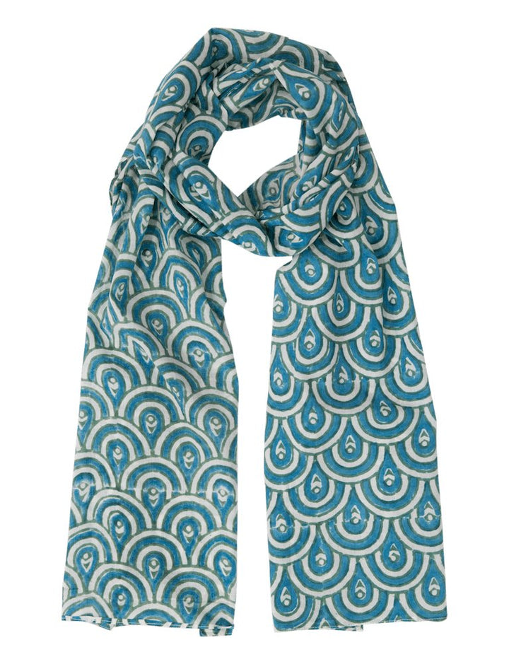 Peacock teal hand block printed cotton scarf with traditional Indian peacock motifs in rich blue-green hues