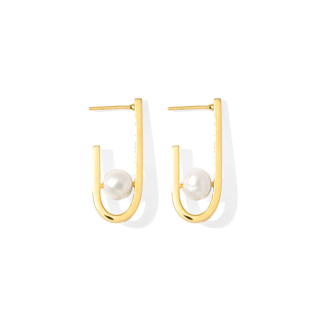 J Hoop Freshwater Pearl Earrings with 14K gold plating, handcrafted from recycled materials, featuring elegant minimalist design.